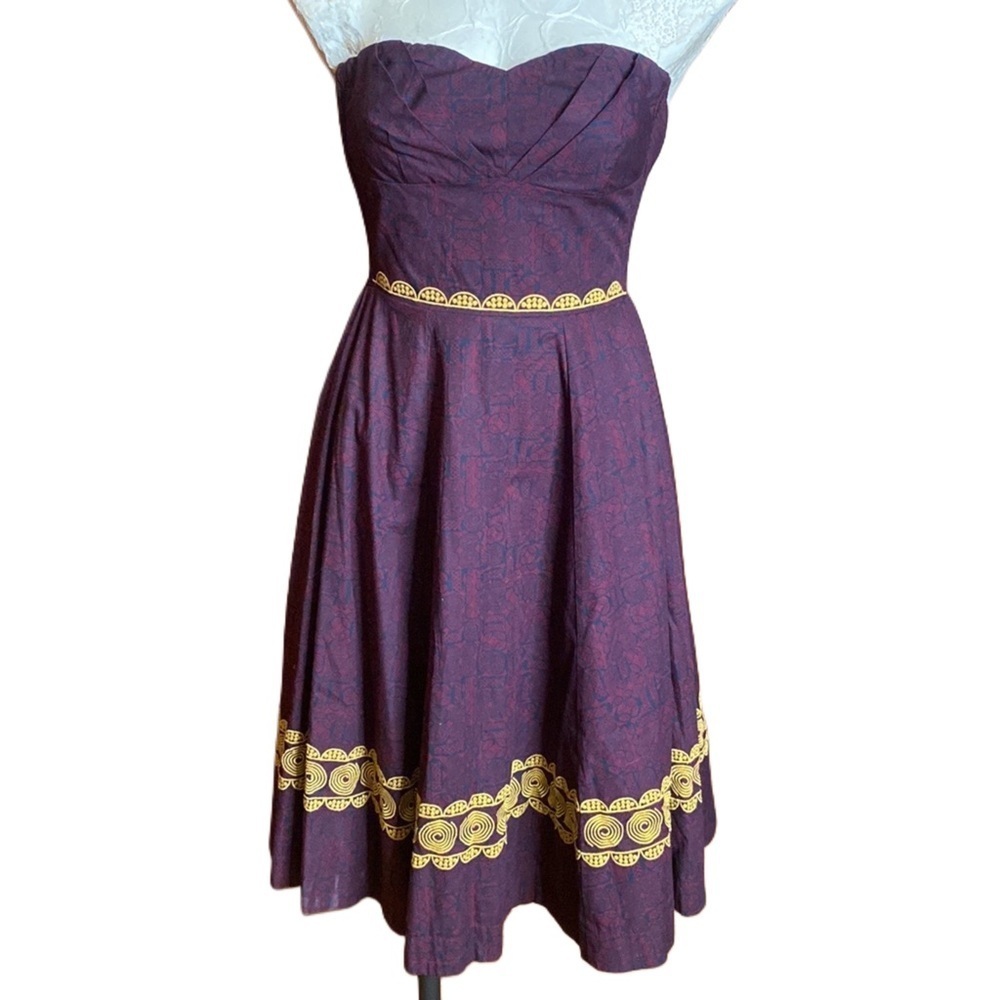 Anthropologie Strapless Girls of Savoy Aubergine Sky 100% cotton dress sz 0